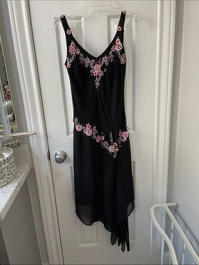 R & M Richards Black Asymmetrical Dress with Pink Floral Embroidery